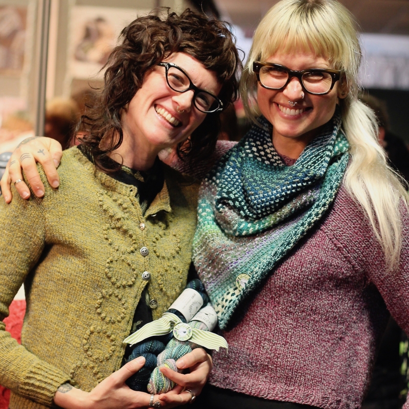 The two Spincycle Yarns girls at Edinburgh Yarn Festival 2018 with their Shift kit in collaboration with Drea Renee Knits