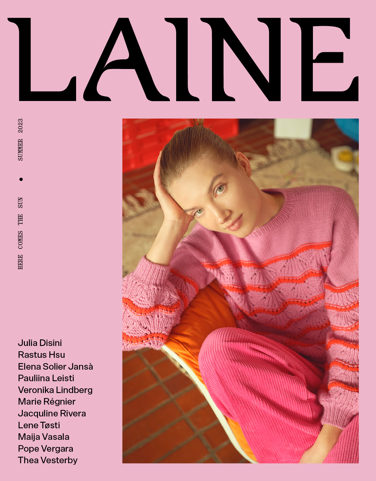 Laine Magazine 17 cover depicting a model wearing a pink and red sweater