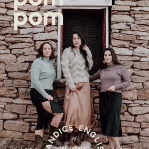 Pom Pom mag cover: Autumn 23 3 ladies wearing jumpers in front of a barn